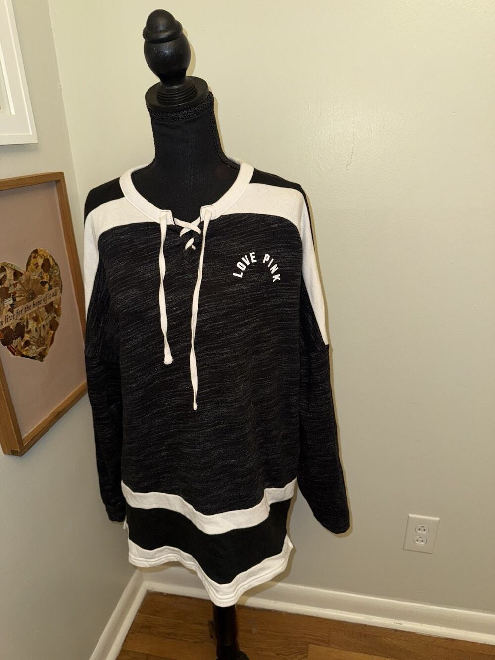 Pink Victorias Secret Sweatshirt M Oversize Pullover Black Laces Varsity Hockey